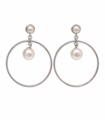 Pearl stud hoop drop earrings, silver tone alloy with imitation pearls, post & push back, 4.2 cm