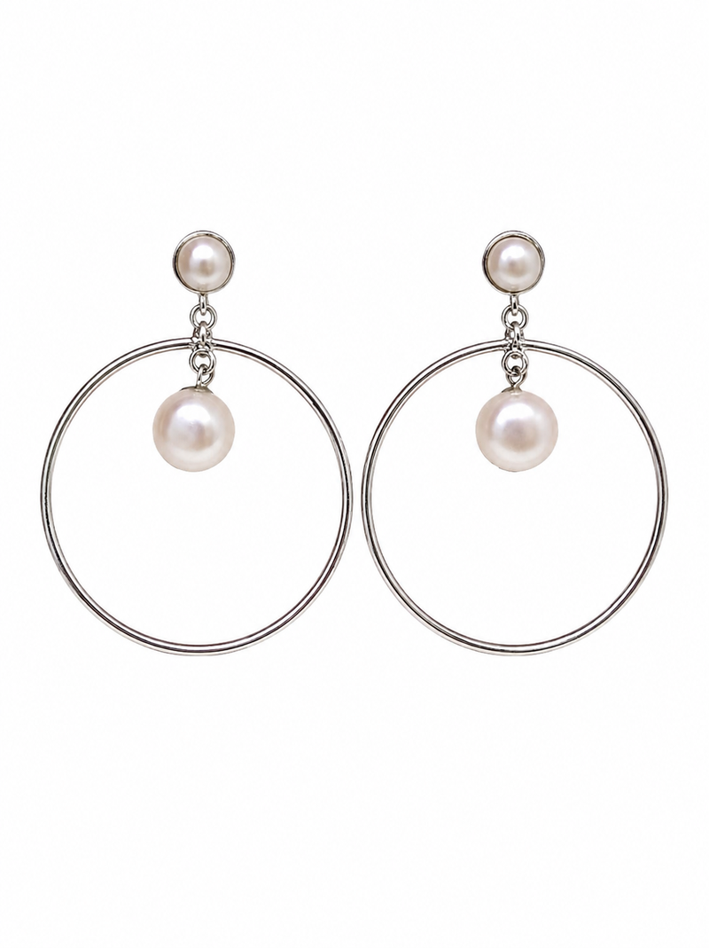 Pearl stud hoop drop earrings, silver tone alloy with imitation pearls, post & push back, 4.2 cm