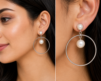 Pearl stud hoop drop earrings, silver tone alloy with imitation pearls, post & push back, 4.2 cm 2