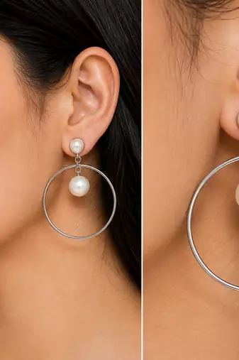 Pearl stud hoop drop earrings, silver tone alloy with imitation pearls, post & push back, 4.2 cm