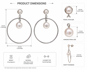Pearl stud hoop drop earrings, silver tone alloy with imitation pearls, post & push back, 4.2 cm 3
