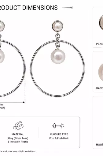 Pearl stud hoop drop earrings, silver tone alloy with imitation pearls, post & push back, 4.2 cm