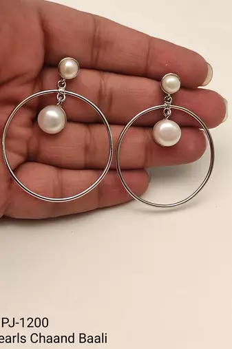 Pearl stud hoop drop earrings, silver tone alloy with imitation pearls, post & push back, 4.2 cm