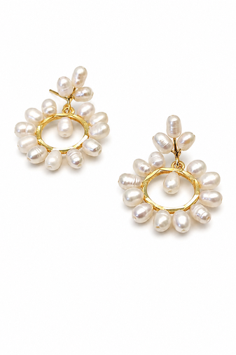 Freshwater pearl wreath drop earrings, white, gold-tone circular hoop, bridal wedding jewellery