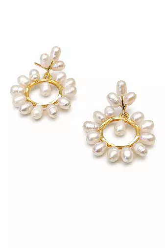 Freshwater pearl wreath drop earrings, white, gold-tone circular hoop, bridal wedding jewellery