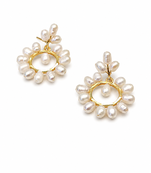 Freshwater pearl wreath drop earrings, white, gold-tone circular hoop, bridal wedding jewellery