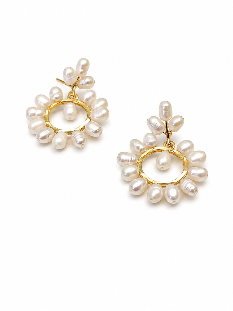 Freshwater pearl wreath drop earrings, white, gold-tone circular hoop, bridal wedding jewellery