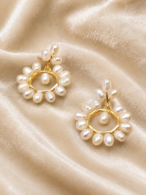 Freshwater pearl wreath drop earrings, white, gold-tone circular hoop, bridal wedding jewellery 2