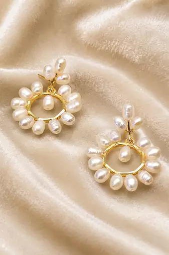 Freshwater pearl wreath drop earrings, white, gold-tone circular hoop, bridal wedding jewellery