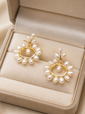Freshwater pearl wreath drop earrings, white, gold-tone circular hoop, bridal wedding jewellery 3