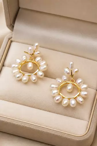 Freshwater pearl wreath drop earrings, white, gold-tone circular hoop, bridal wedding jewellery