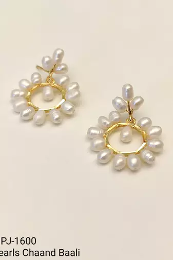 Freshwater pearl wreath drop earrings, white, gold-tone circular hoop, bridal wedding jewellery