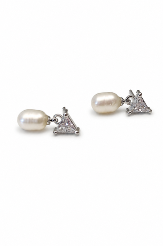 Pearl drop earrings with triangle cz crystal stud, silver tone, freshwater pearl dangle