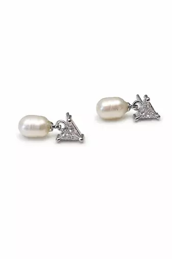 Pearl drop earrings with triangle cz crystal stud, silver tone, freshwater pearl dangle