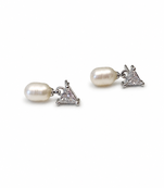Pearl drop earrings with triangle cz crystal stud, silver tone, freshwater pearl dangle