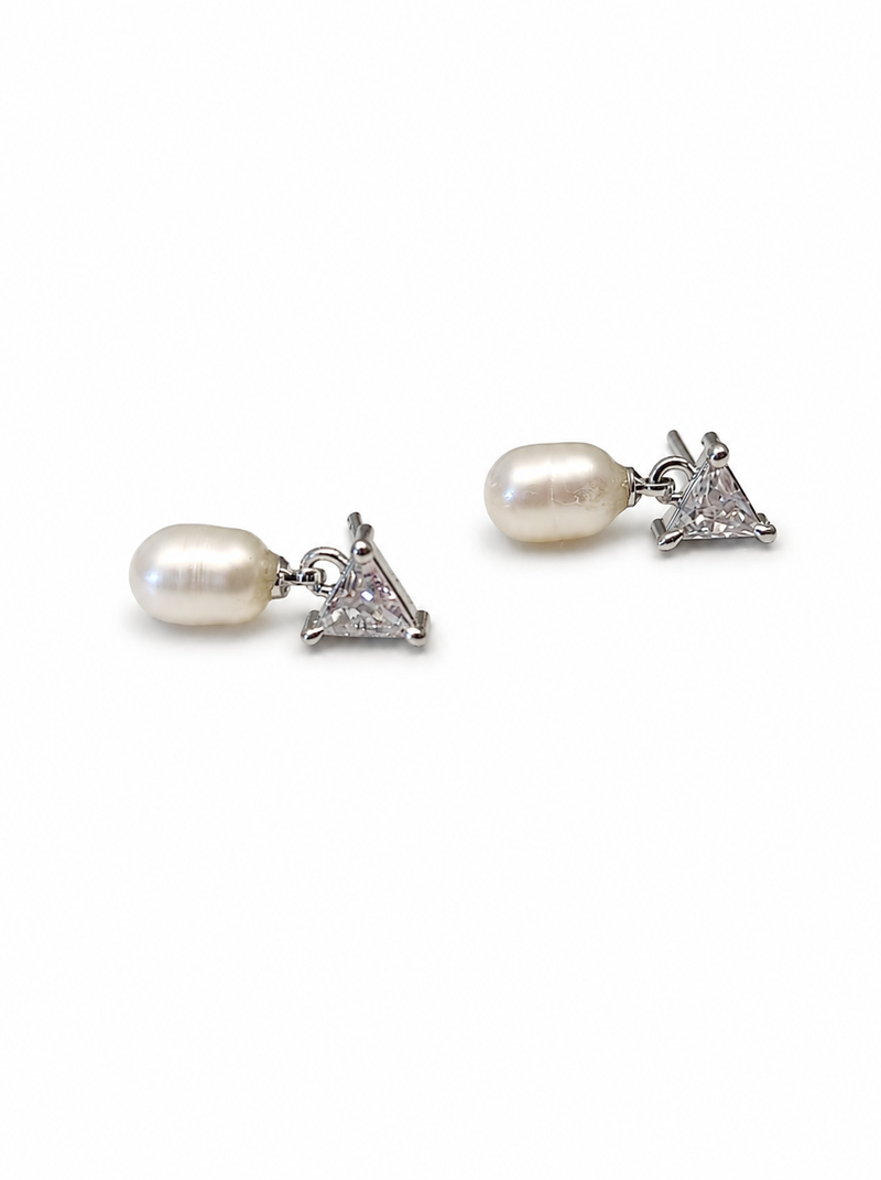 Pearl drop earrings with triangle cz crystal stud, silver tone, freshwater pearl dangle