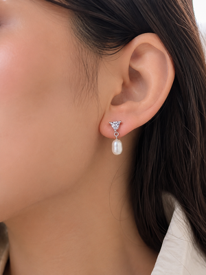 Pearl drop earrings with triangle cz crystal stud, silver tone, freshwater pearl dangle 2