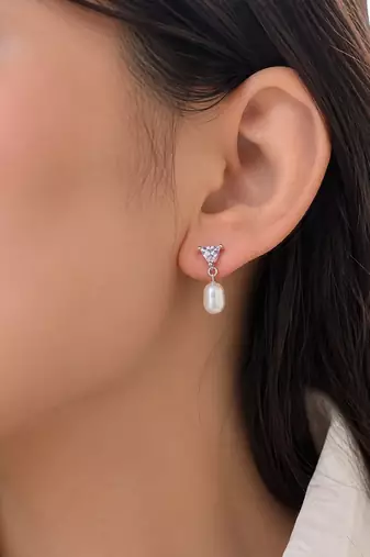 Pearl drop earrings with triangle cz crystal stud, silver tone, freshwater pearl dangle