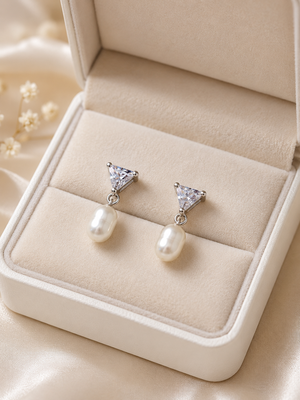 Pearl drop earrings with triangle cz crystal stud, silver tone, freshwater pearl dangle 3