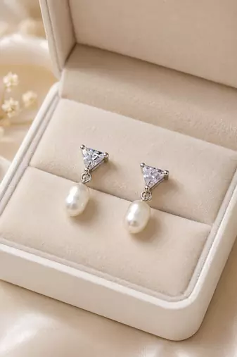 Pearl drop earrings with triangle cz crystal stud, silver tone, freshwater pearl dangle