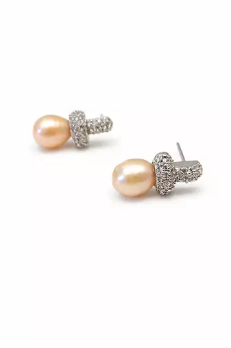 Freshwater pearl drop earrings, pink, crystal pavé cross stud, elegant bridal jewellery