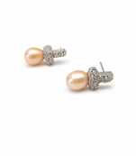 Freshwater pearl drop earrings, pink, crystal pavé cross stud, elegant bridal jewellery