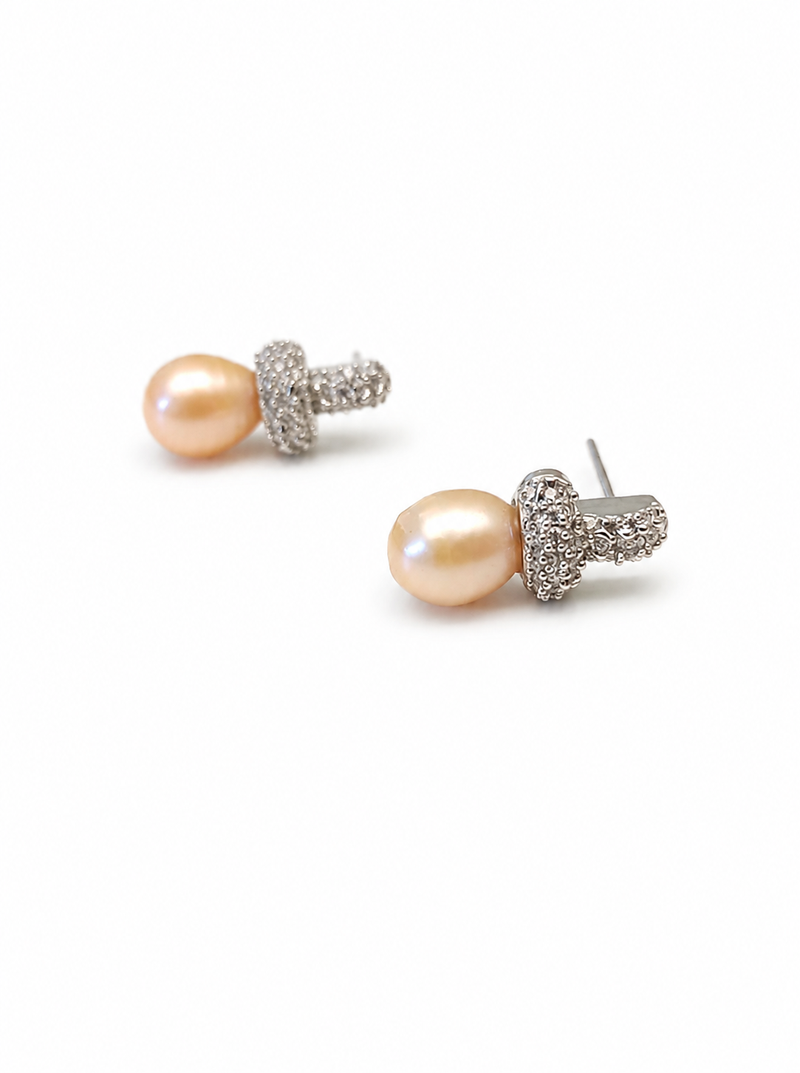 Freshwater pearl drop earrings, pink, crystal pavé cross stud, elegant bridal jewellery