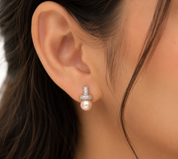Freshwater pearl drop earrings, pink, crystal pavé cross stud, elegant bridal jewellery 2