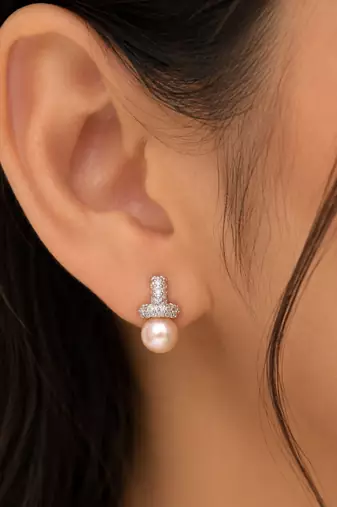 Freshwater pearl drop earrings, pink, crystal pavé cross stud, elegant bridal jewellery