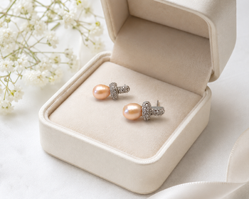 Freshwater pearl drop earrings, pink, crystal pavé cross stud, elegant bridal jewellery 3