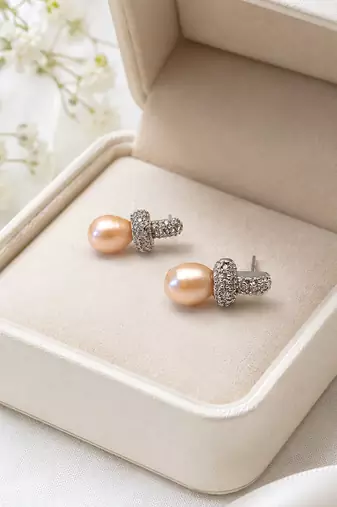 Freshwater pearl drop earrings, pink, crystal pavé cross stud, elegant bridal jewellery