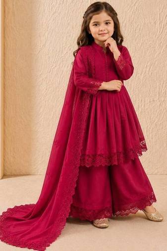 Roman silk embroidery rani pink readymade salwar suit