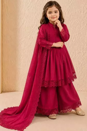 Roman silk embroidery rani pink readymade salwar suit