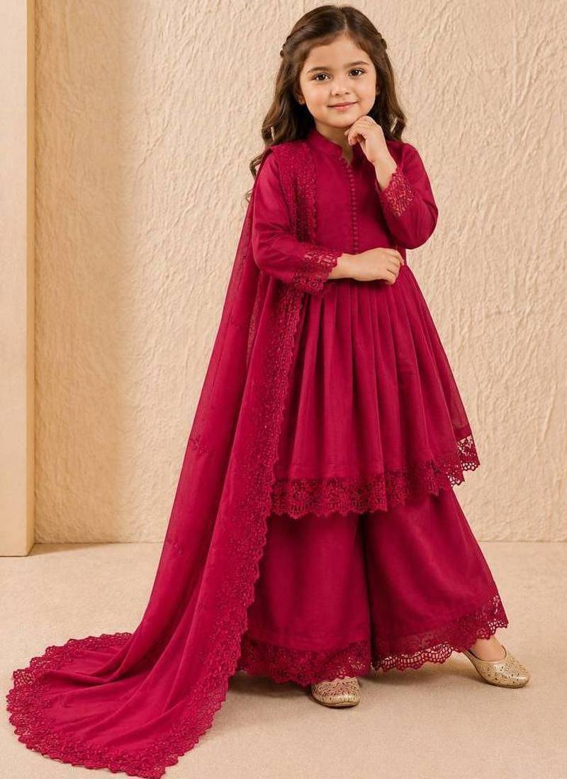 Roman silk embroidery rani pink readymade salwar suit