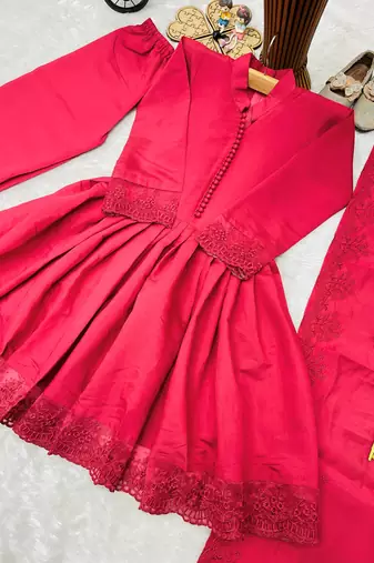 Roman silk embroidery rani pink readymade salwar suit