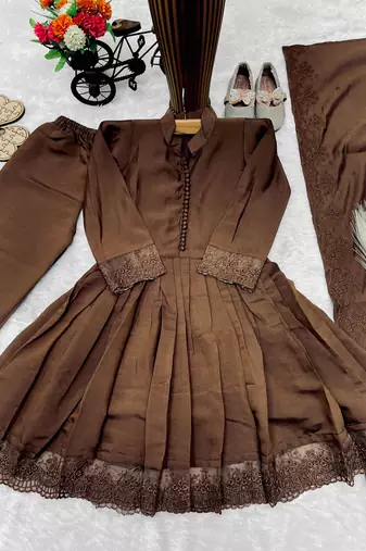 Roman silk embroidery coffee readymade salwar suit