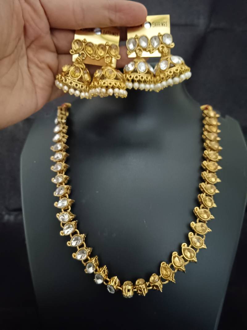 Gold white cz 2 way wear necklace with 2 sets earrings