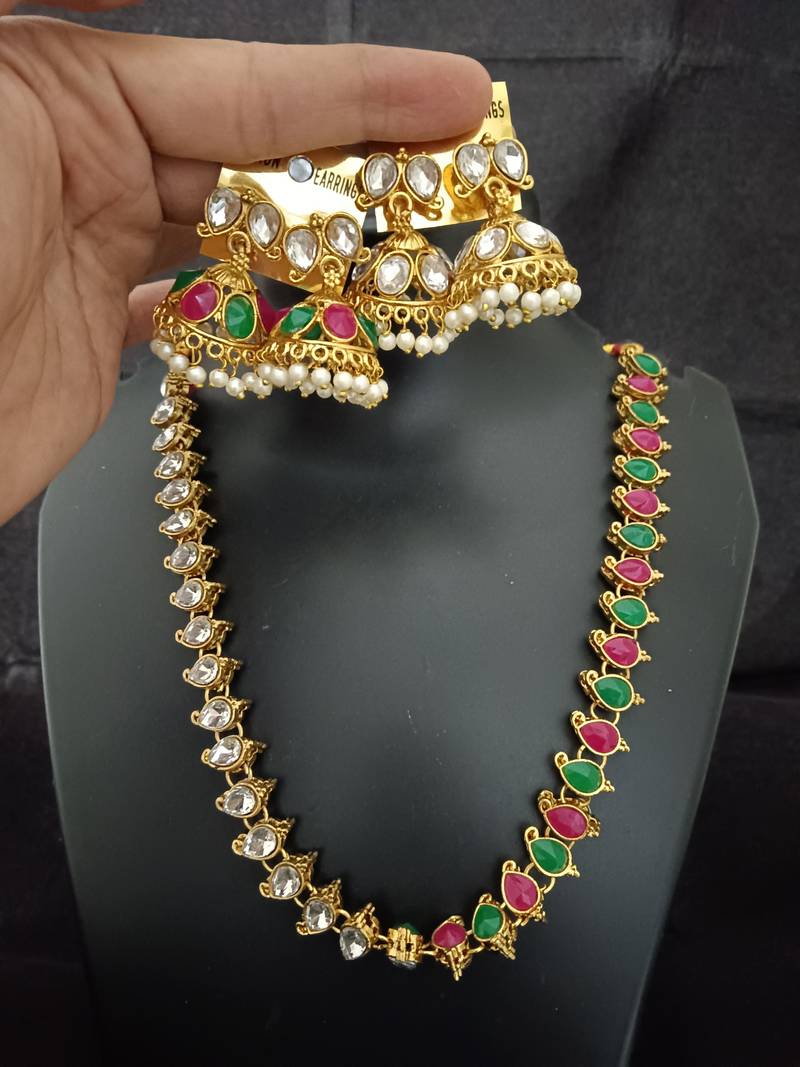 Pink green white cz 2 way wear necklace with 2 sets earrings