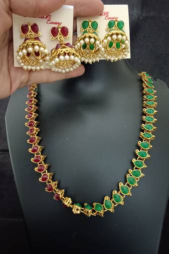 Maroon green cz 2 way wear necklace with 2 sets earrings