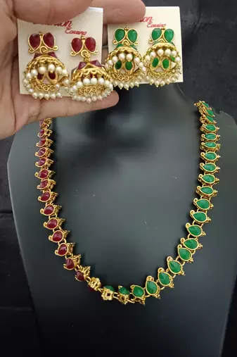 Maroon green cz 2 way wear necklace with 2 sets earrings