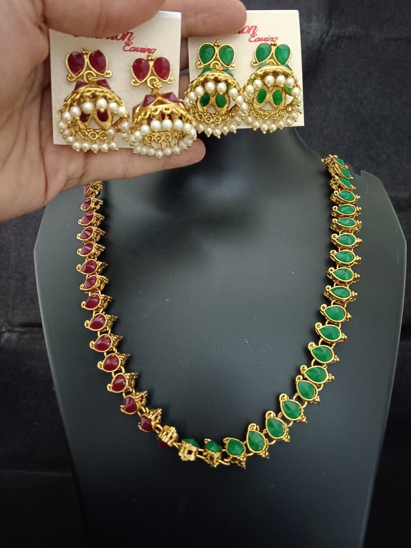Maroon green cz 2 way wear necklace with 2 sets earrings