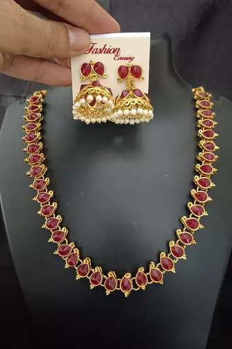 Maroon green cz 2 way wear necklace with 2 sets earrings