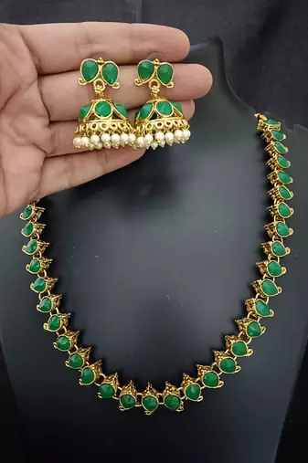 Maroon green cz 2 way wear necklace with 2 sets earrings
