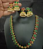 Maroon green and full green cz 2 way wear necklace with 2 sets earrings