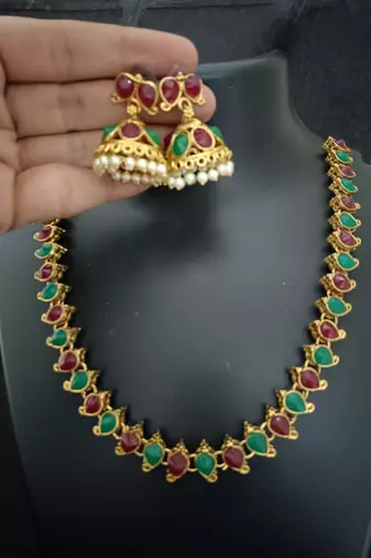 Maroon green and full green cz 2 way wear necklace with 2 sets earrings