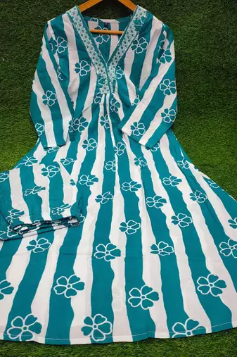 WOMEN COTTON  A-LINE  FLORAL PRINT KURTI WITH PANT 