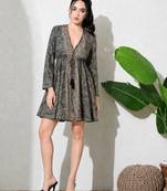 Paisley print work  v-neck fit & flare short dress with full sleeves  women western wear dress , printed poly muslin