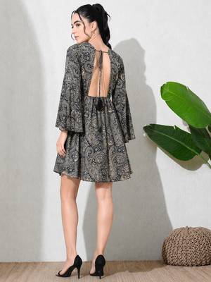 Paisley print work  v-neck fit & flare short dress with full sleeves  women western wear dress , printed poly muslin 2