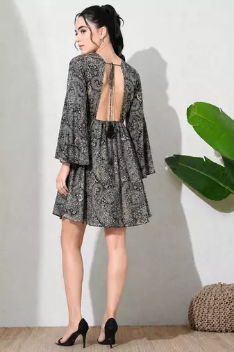 Paisley print work  v-neck fit & flare short dress with full sleeves  women western wear dress , printed poly muslin