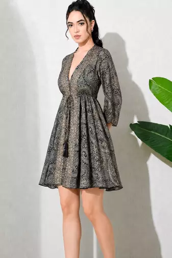 Paisley print work  v-neck fit & flare short dress with full sleeves  women western wear dress , printed poly muslin